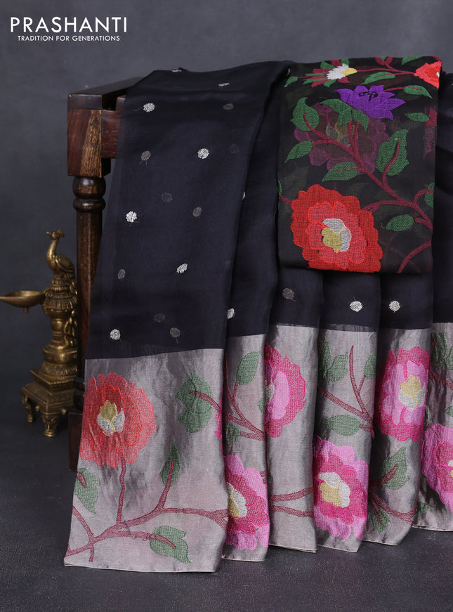 Pure organza silk saree black and grey with allover embroidery buttas and floral embroidery border