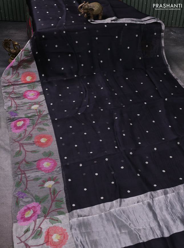Pure organza silk saree black and grey with allover embroidery buttas and floral embroidery border