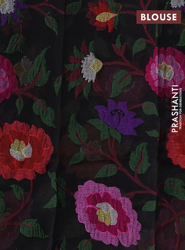 Pure organza silk saree black and grey with allover embroidery buttas and floral embroidery border
