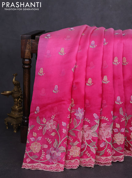 Pure organza silk saree pink with allover embroidery buttas and floral embroidery border