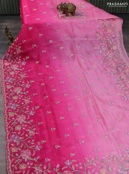 Pure organza silk saree pink with allover embroidery buttas and floral embroidery border