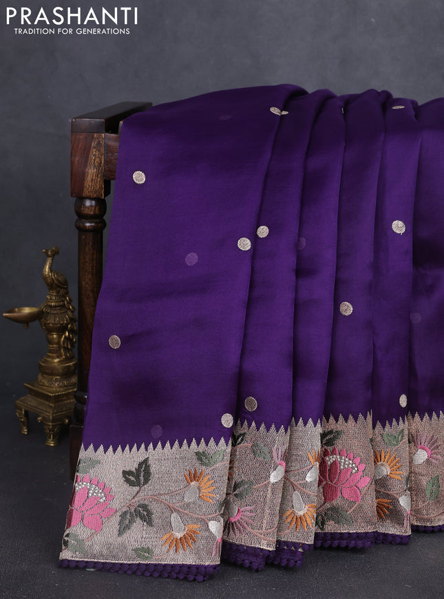 Pure organza silk saree violet with embroidery buttas and floral embroidery border
