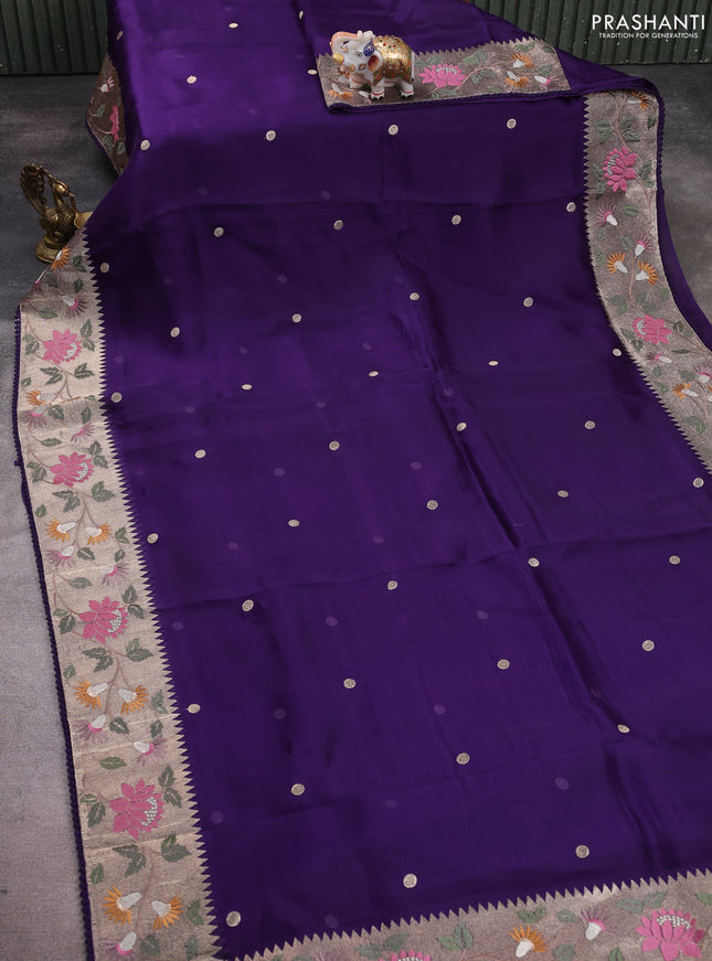 Pure organza silk saree violet with embroidery buttas and floral embroidery border