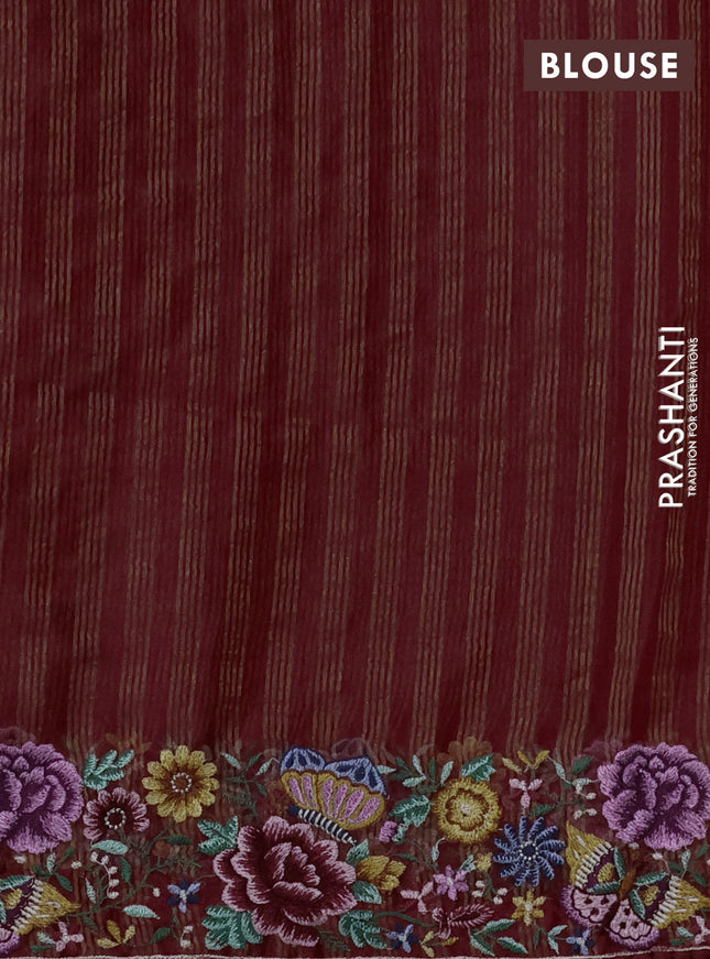 Pure organza silk saree maroon with allover zari stripes pattern and floral embroidery border
