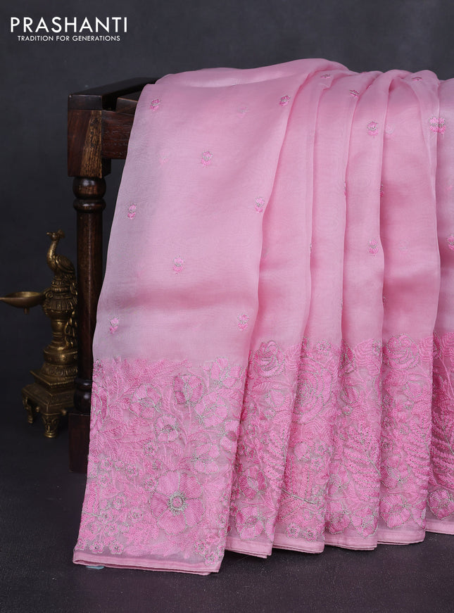 Pure organza silk saree pink with floral embroidery buttas and floral embroidery border