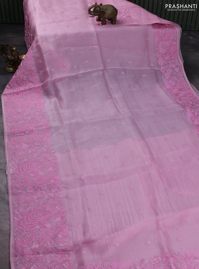 Pure organza silk saree pink with floral embroidery buttas and floral embroidery border