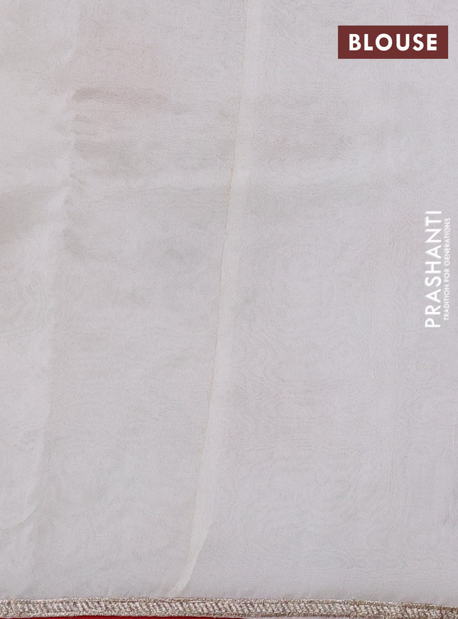 Pure organza silk saree off white and red with allover embroidery work and zari piping border