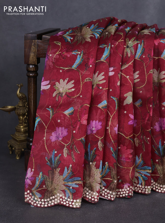 Pure organza silk saree maroon with allover prints & embroidery work and zardosi gotapatti work border