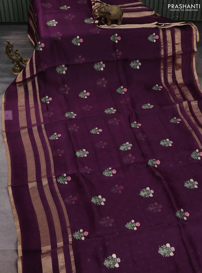 Pure organza silk saree purple with floral embroidery work and zari woven border