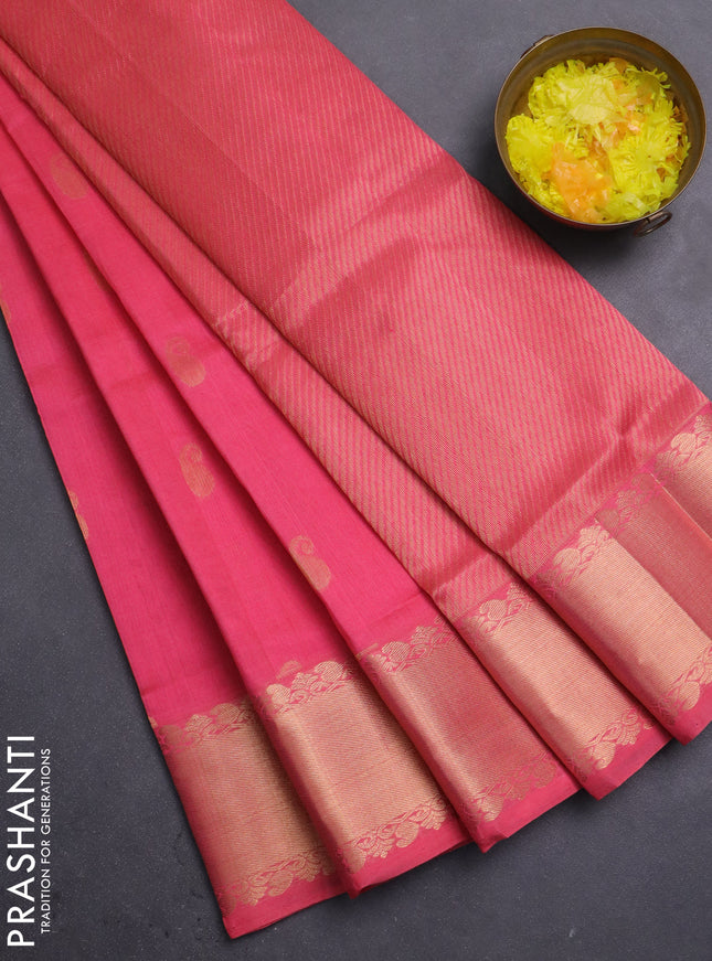 Silk cotton saree pink with paisely zari woven buttas and zari woven border