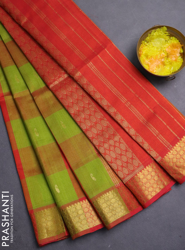 Silk cotton saree light green and red with allover paalum pazhamum checks & buttas and zari woven border
