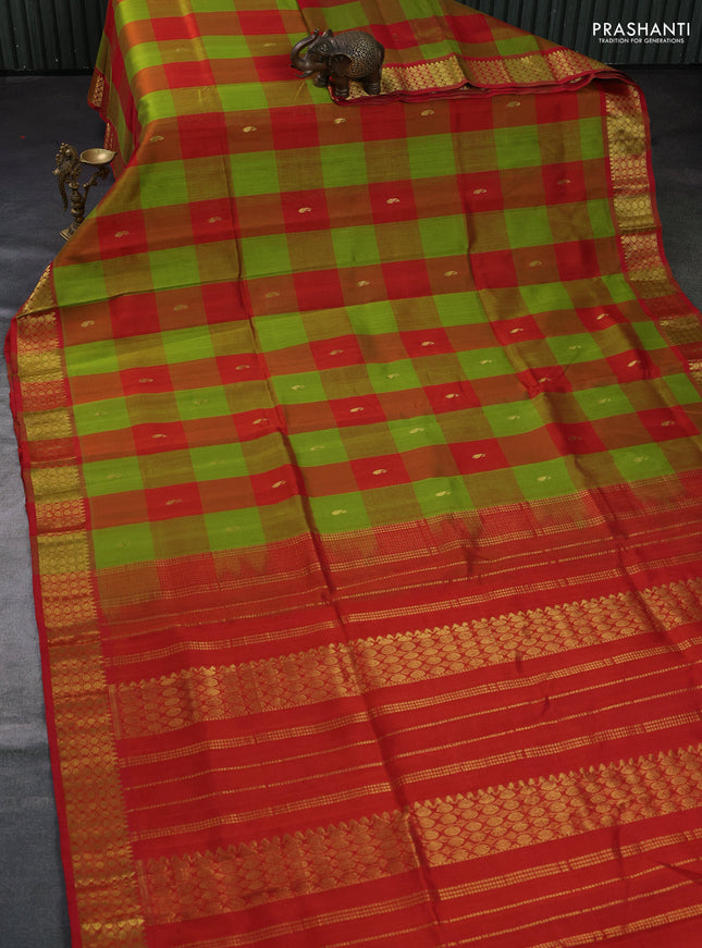 Silk cotton saree light green and red with allover paalum pazhamum checks & buttas and zari woven border