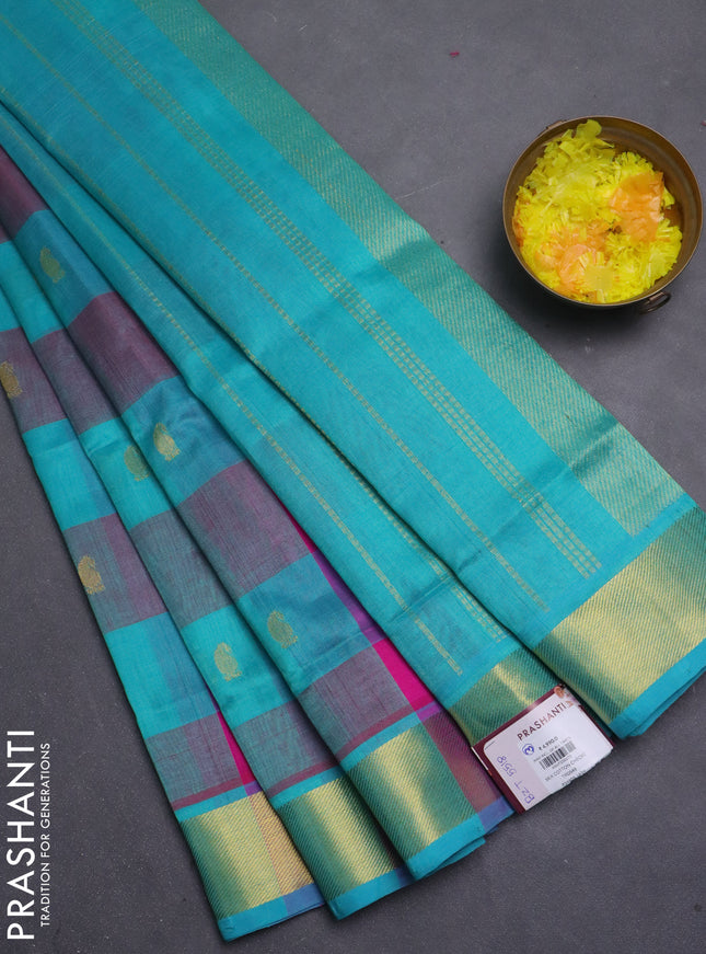 Silk cotton saree pink and teal green with allover paalum pazhamum checks & buttas and zari woven border