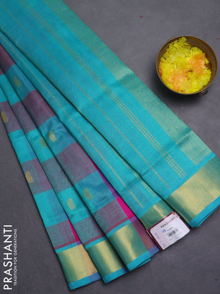 Silk cotton saree pink and teal green with allover paalum pazhamum checks & buttas and zari woven border