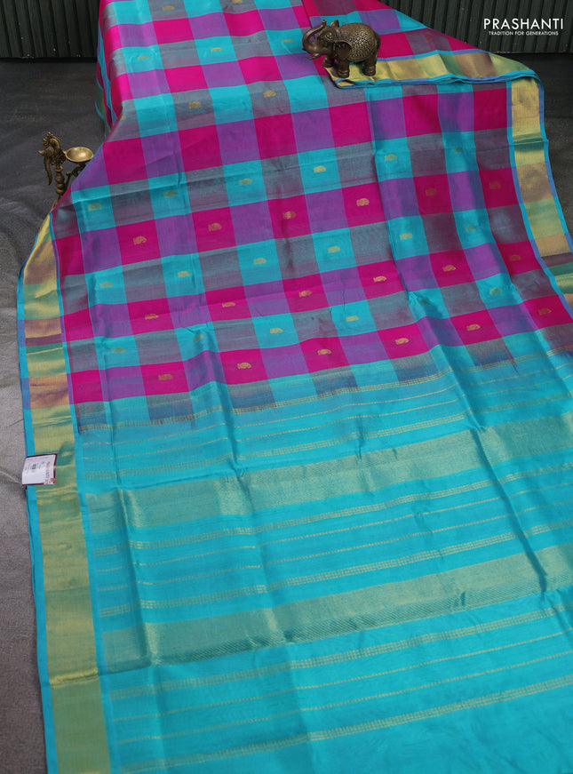Silk cotton saree pink and teal green with allover paalum pazhamum checks & buttas and zari woven border