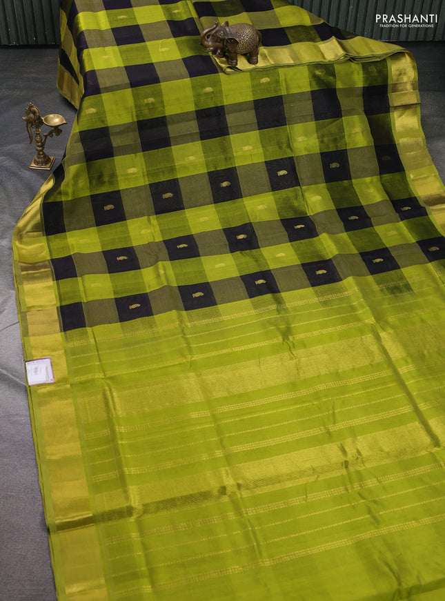 Silk cotton saree lime green and black with allover paalum pazhamum checks & buttas and zari woven border