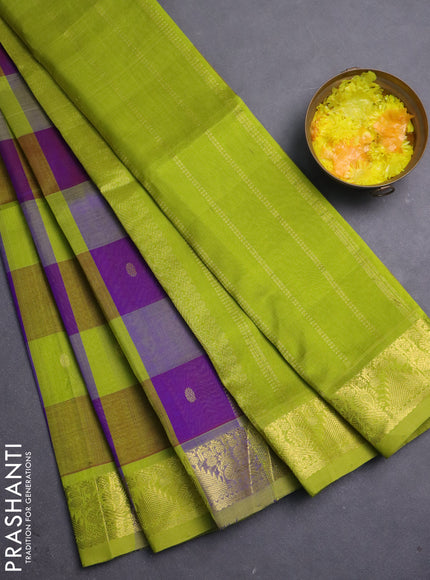 Silk cotton saree purple and lime green with allover paalum pazhamum checks & buttas and zari woven border