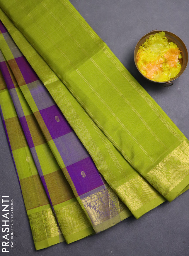 Silk cotton saree purple and lime green with allover paalum pazhamum checks & buttas and zari woven border