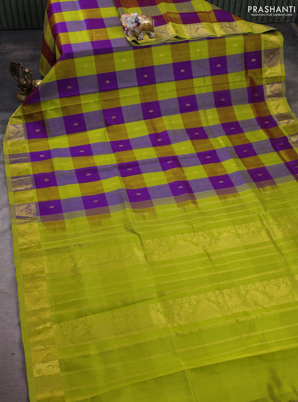 Silk cotton saree purple and lime green with allover paalum pazhamum checks & buttas and zari woven border
