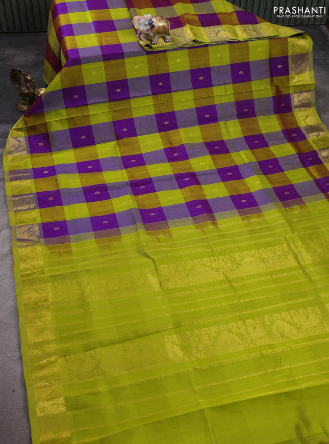 Silk cotton saree purple and lime green with allover paalum pazhamum checks & buttas and zari woven border