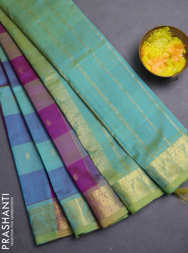 Silk cotton saree purple and dual shade of teal green with allover paalum pazhamum checks & buttas and zari woven border