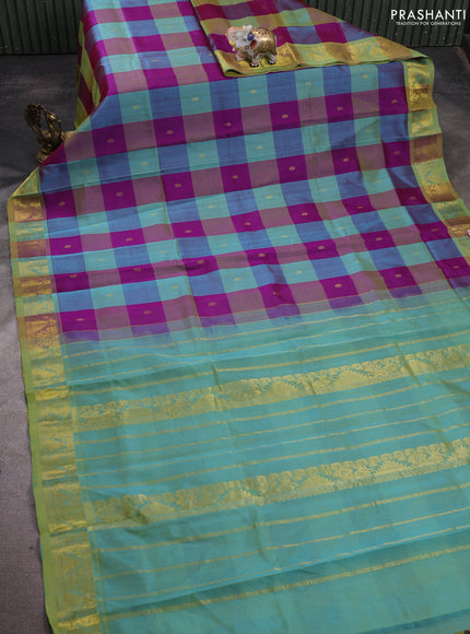 Silk cotton saree purple and dual shade of teal green with allover paalum pazhamum checks & buttas and zari woven border