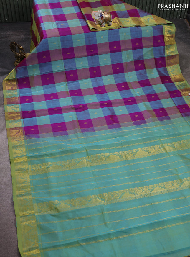 Silk cotton saree purple and dual shade of teal green with allover paalum pazhamum checks & buttas and zari woven border