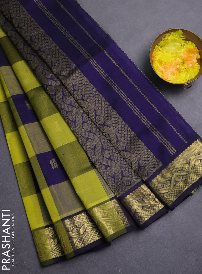 Silk cotton saree lime green and navy blue with allover paalum pazhamum checks & buttas and zari woven border