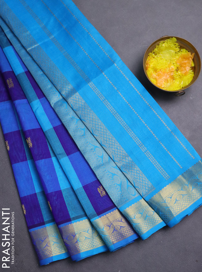 Silk cotton saree cs blue and violet with allover paalum pazhamum checks & buttas and zari woven border