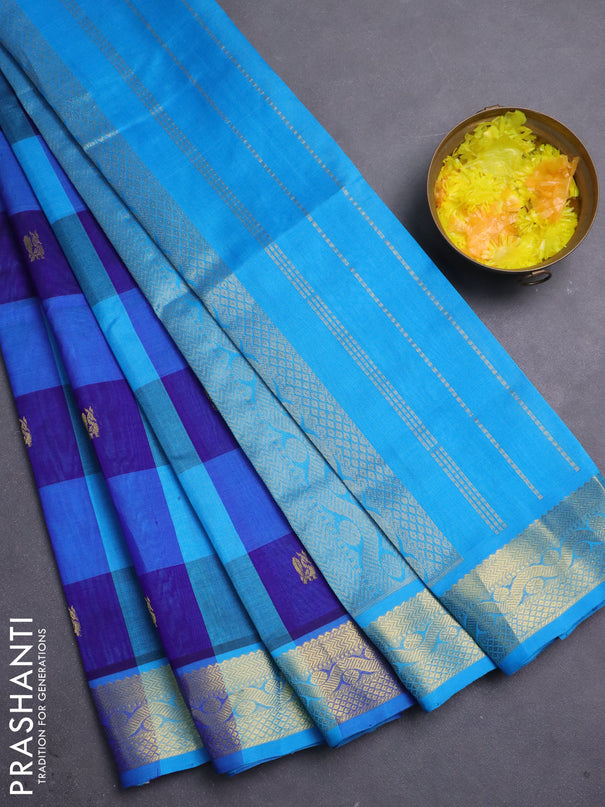 Silk cotton saree cs blue and violet with allover paalum pazhamum checks & buttas and zari woven border