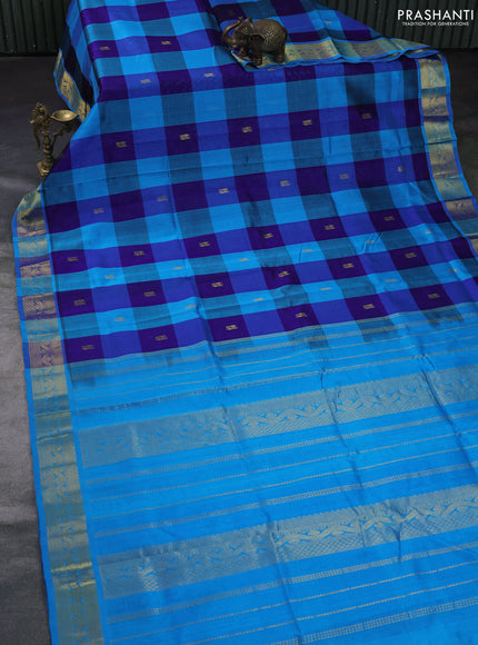 Silk cotton saree cs blue and violet with allover paalum pazhamum checks & buttas and zari woven border