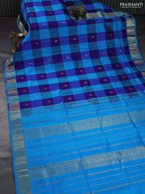 Silk cotton saree cs blue and violet with allover paalum pazhamum checks & buttas and zari woven border