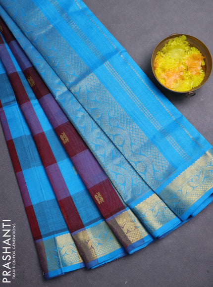 Silk cotton saree maroon and cs blue with allover paalum pazhamum checks & buttas and zari woven border