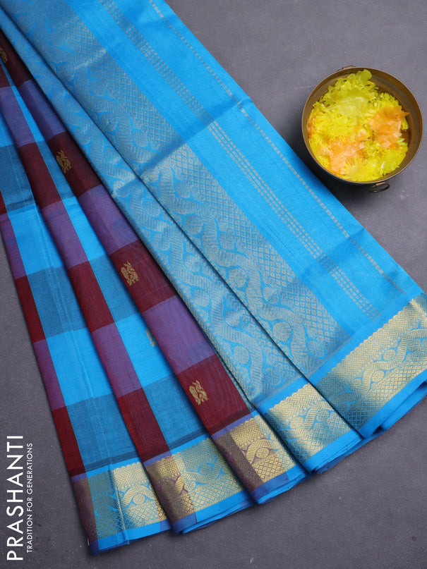 Silk cotton saree maroon and cs blue with allover paalum pazhamum checks & buttas and zari woven border
