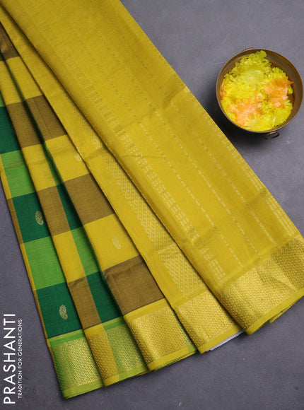 Silk cotton saree green and lime yellow with allover paalum pazhamum checks & buttas and zari woven border