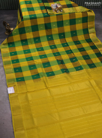 Silk cotton saree green and lime yellow with allover paalum pazhamum checks & buttas and zari woven border