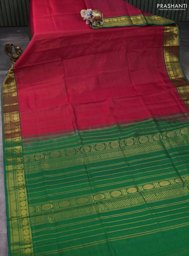 Silk cotton saree pink and green with allover vairosi pattern and zari woven border