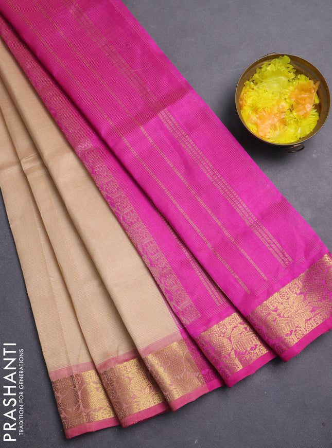 Silk cotton saree sandal and pink with allover vairosi pattern and annam zari woven border