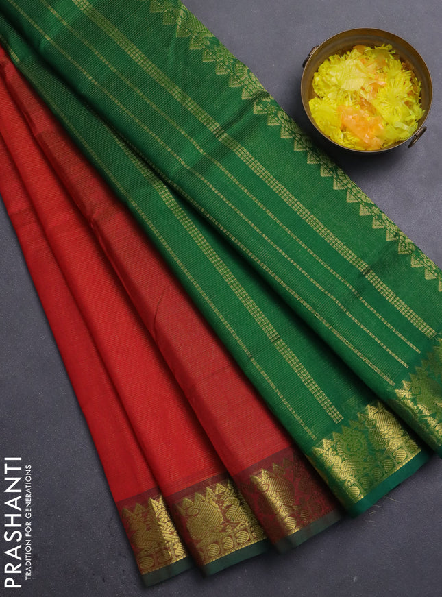 Silk cotton saree red and green with allover vairosi pattern and annam zari woven border