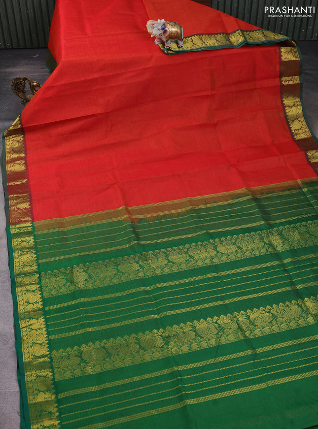 Silk cotton saree red and green with allover vairosi pattern and annam zari woven border