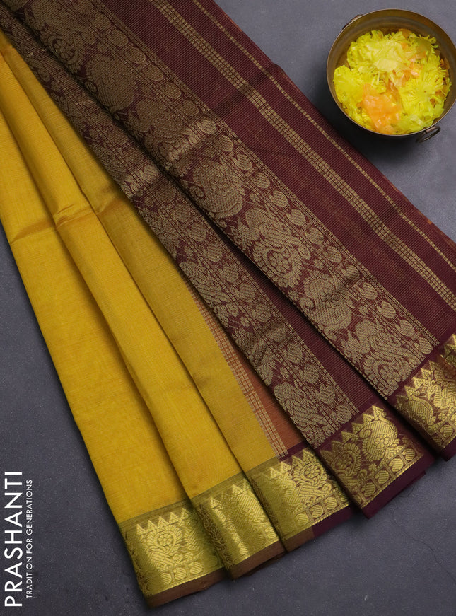 Silk cotton saree mustard yellow and wine shade with allover vairosi pattern and annam zari woven border
