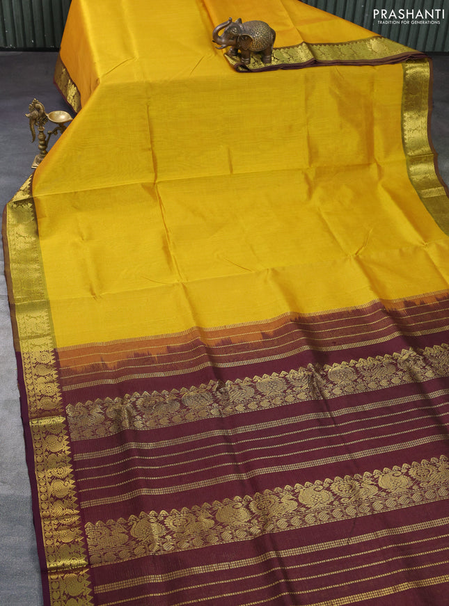 Silk cotton saree mustard yellow and wine shade with allover vairosi pattern and annam zari woven border