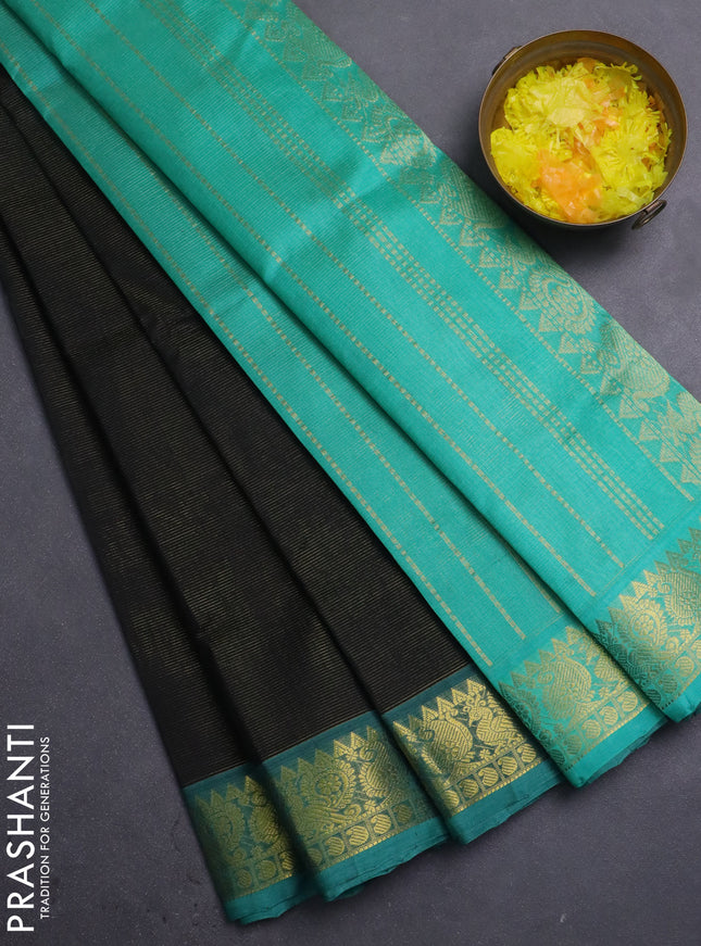 Silk cotton saree black and teal green with allover vairosi pattern and annam zari woven border