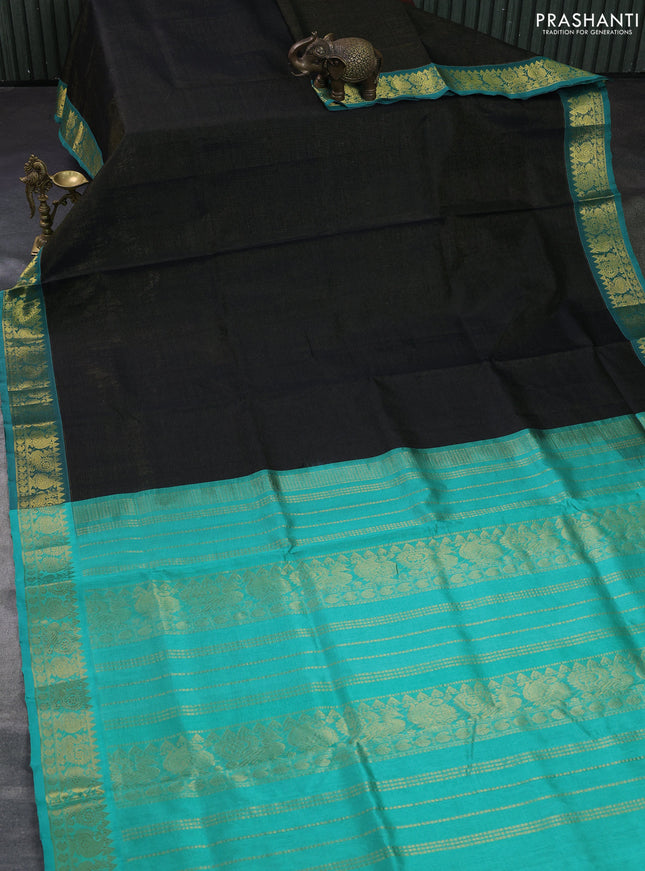 Silk cotton saree black and teal green with allover vairosi pattern and annam zari woven border