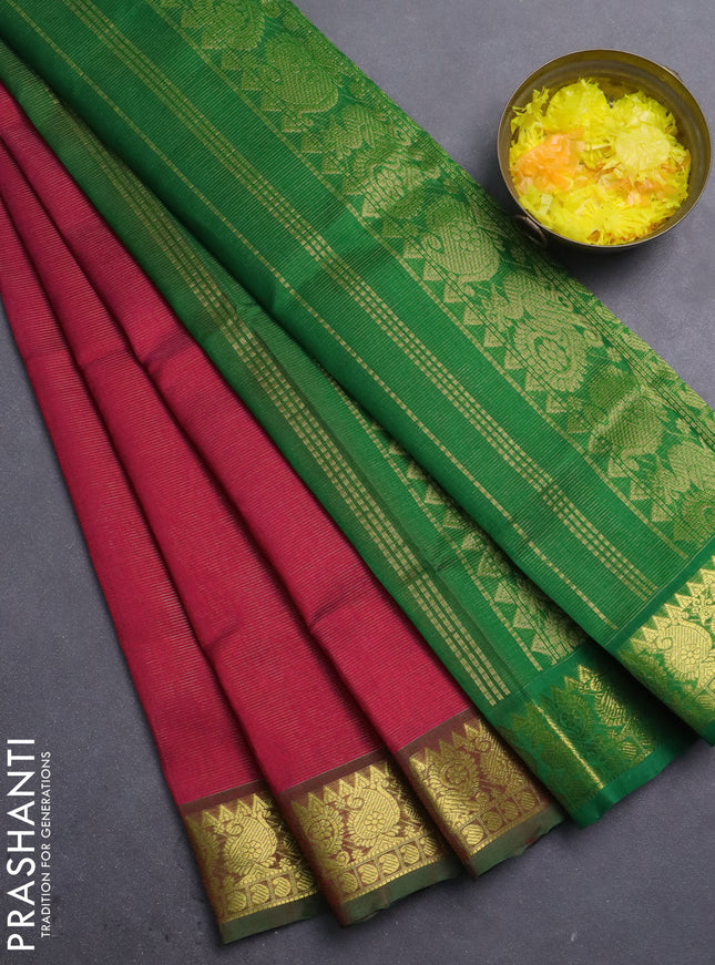 Silk cotton saree pink and green with allover vairosi pattern and annam zari woven border