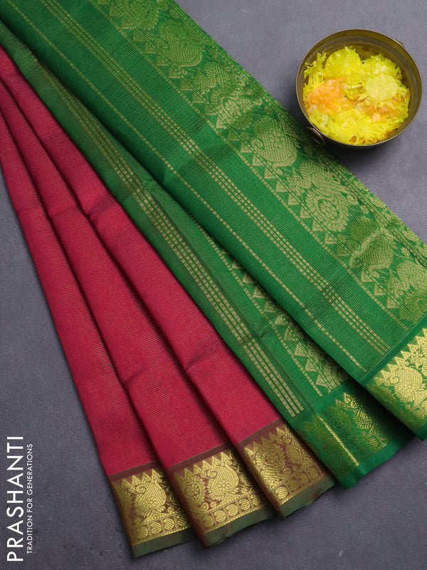 Silk cotton saree pink and green with allover vairosi pattern and annam zari woven border