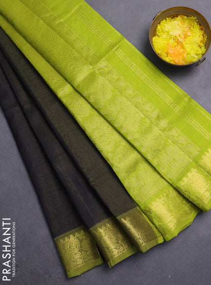 Silk cotton saree black and lime green with allover vairosi pattern and annam zari woven border