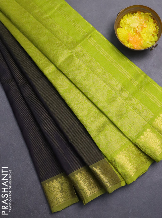 Silk cotton saree black and lime green with allover vairosi pattern and annam zari woven border