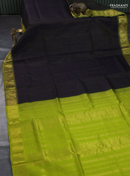 Silk cotton saree black and lime green with allover vairosi pattern and annam zari woven border