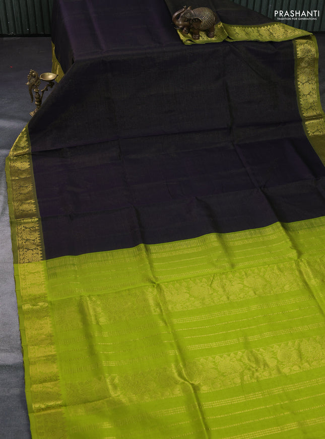 Silk cotton saree black and lime green with allover vairosi pattern and annam zari woven border
